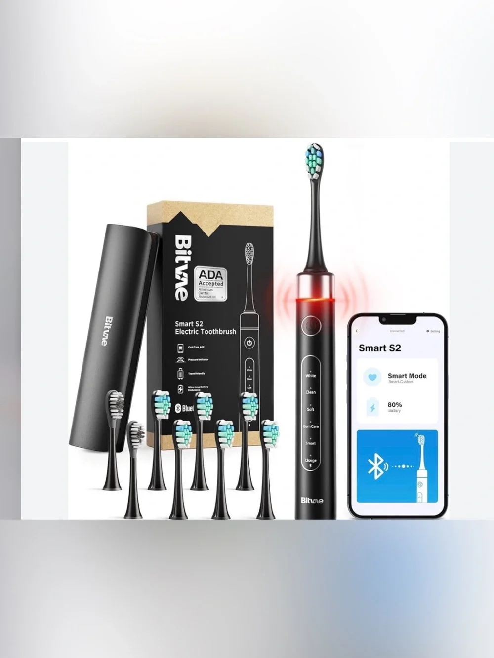 Bitvae S2 Smart Electric Toothbrush ADA Certified Rechargeable W/ Travel Case